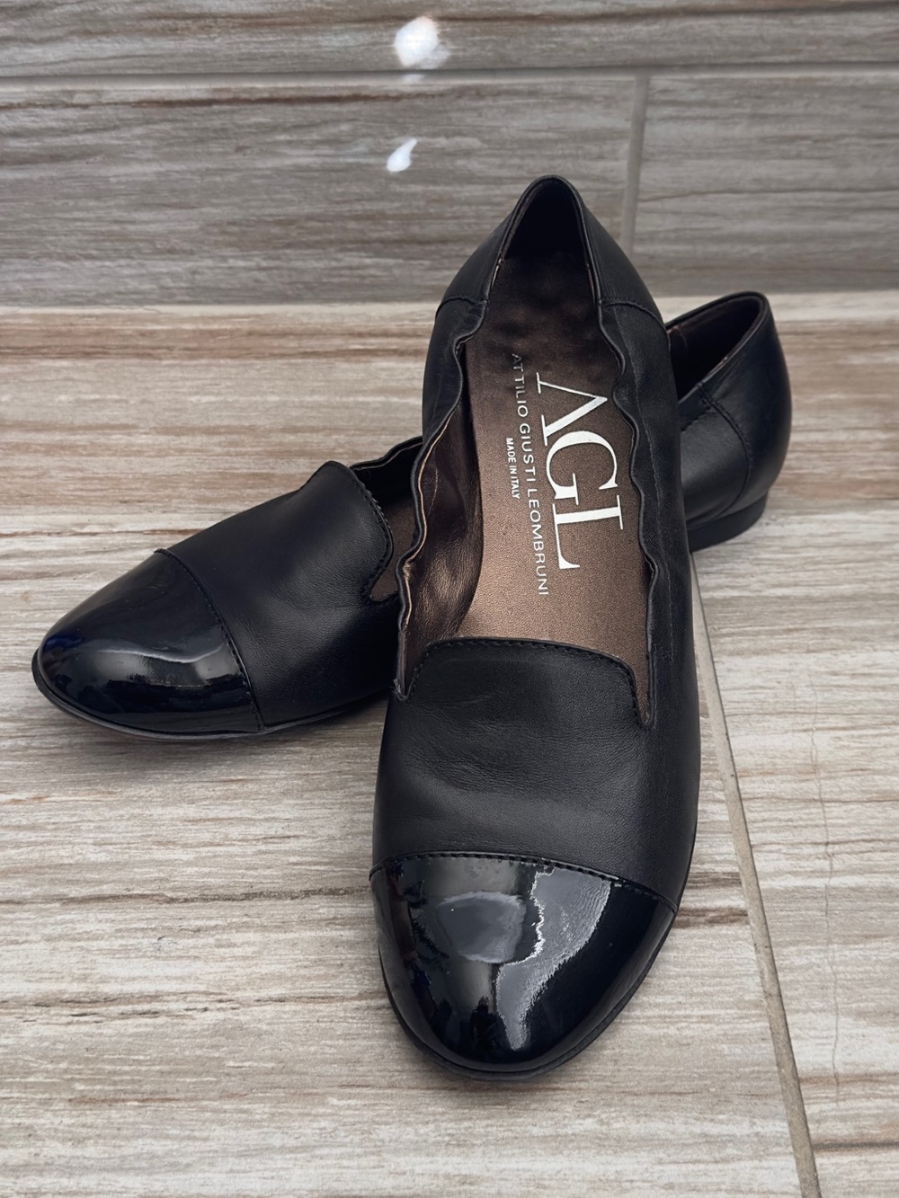 AGL Black Leather Cap-Toe Slip-On Flats